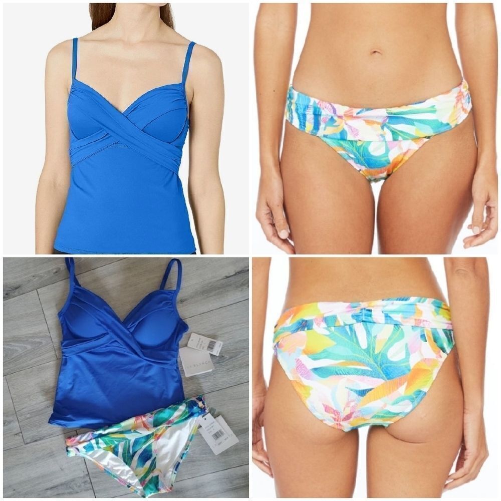 Island Goddess Blue Wrap Tankini Swimsuit Top & floral Hipster bottom Se…